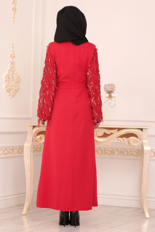 Nayla Collection - Püsküllü Kırmızı Tesettür Elbise 40640K